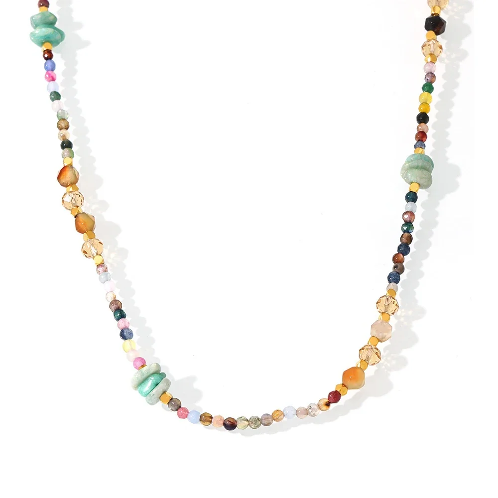 Multicolor Faceted Bead Necklace with Green Disc Beads, Stainless Steel