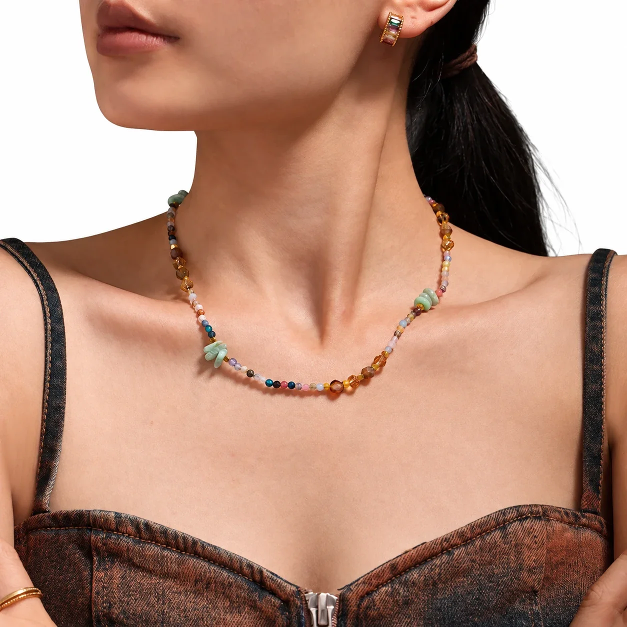 Multicolor Faceted Bead Necklace with Green Disc Beads, Stainless Steel