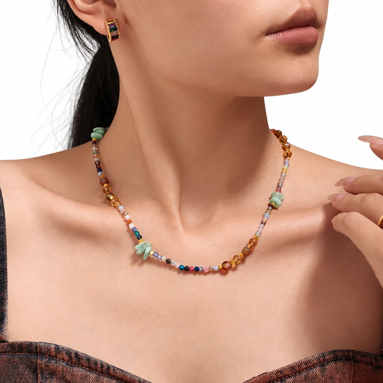 Multicolor Faceted Bead Necklace with Green Disc Beads, Stainless Steel