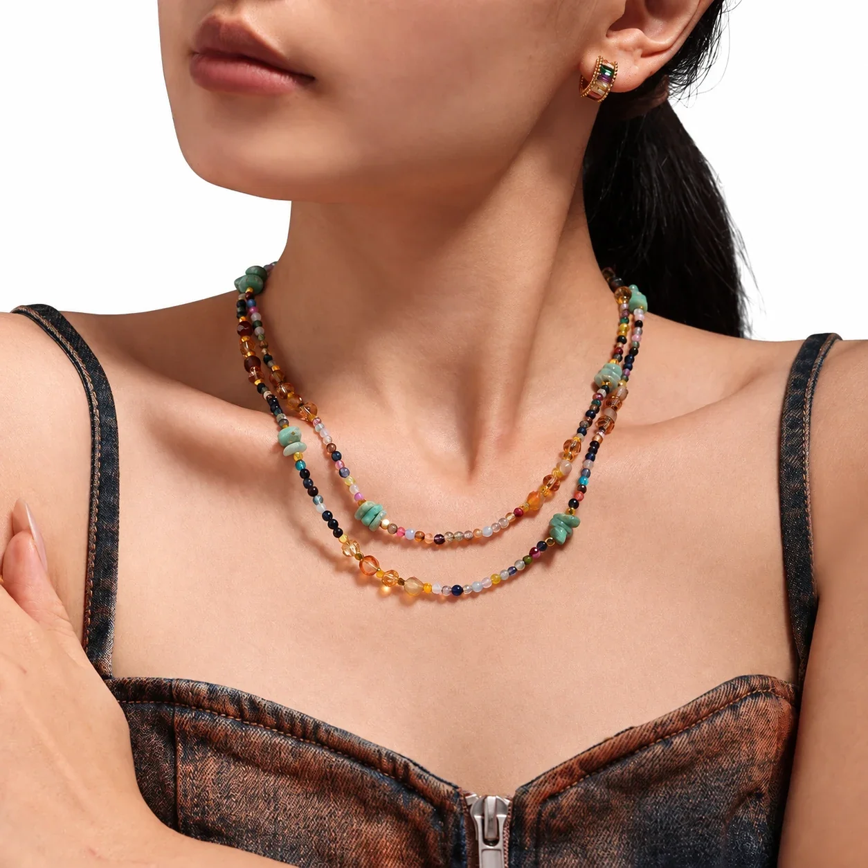 Multicolor Faceted Bead Necklace with Green Disc Beads, Stainless Steel