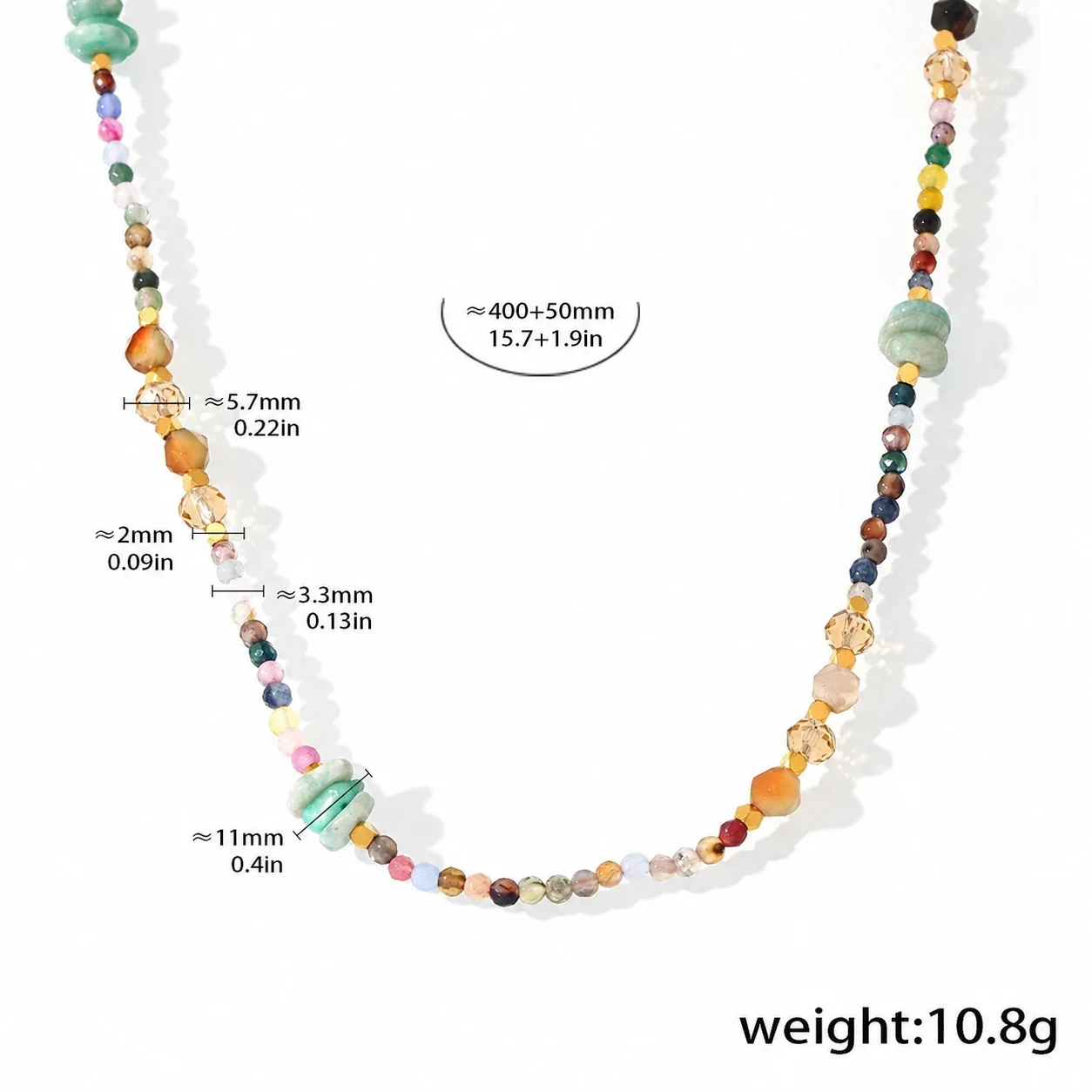 Multicolor Faceted Bead Necklace with Green Disc Beads, Stainless Steel - Gold