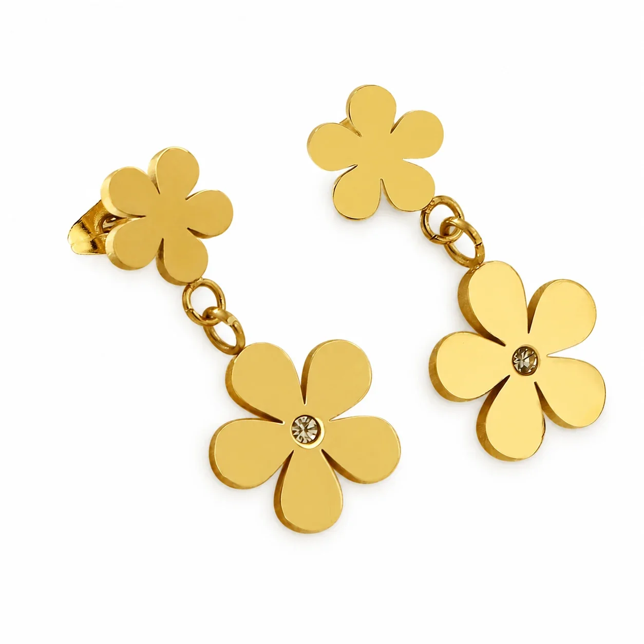 Playful Gold-Plated Stainless Steel Double Flower Drop Earrings