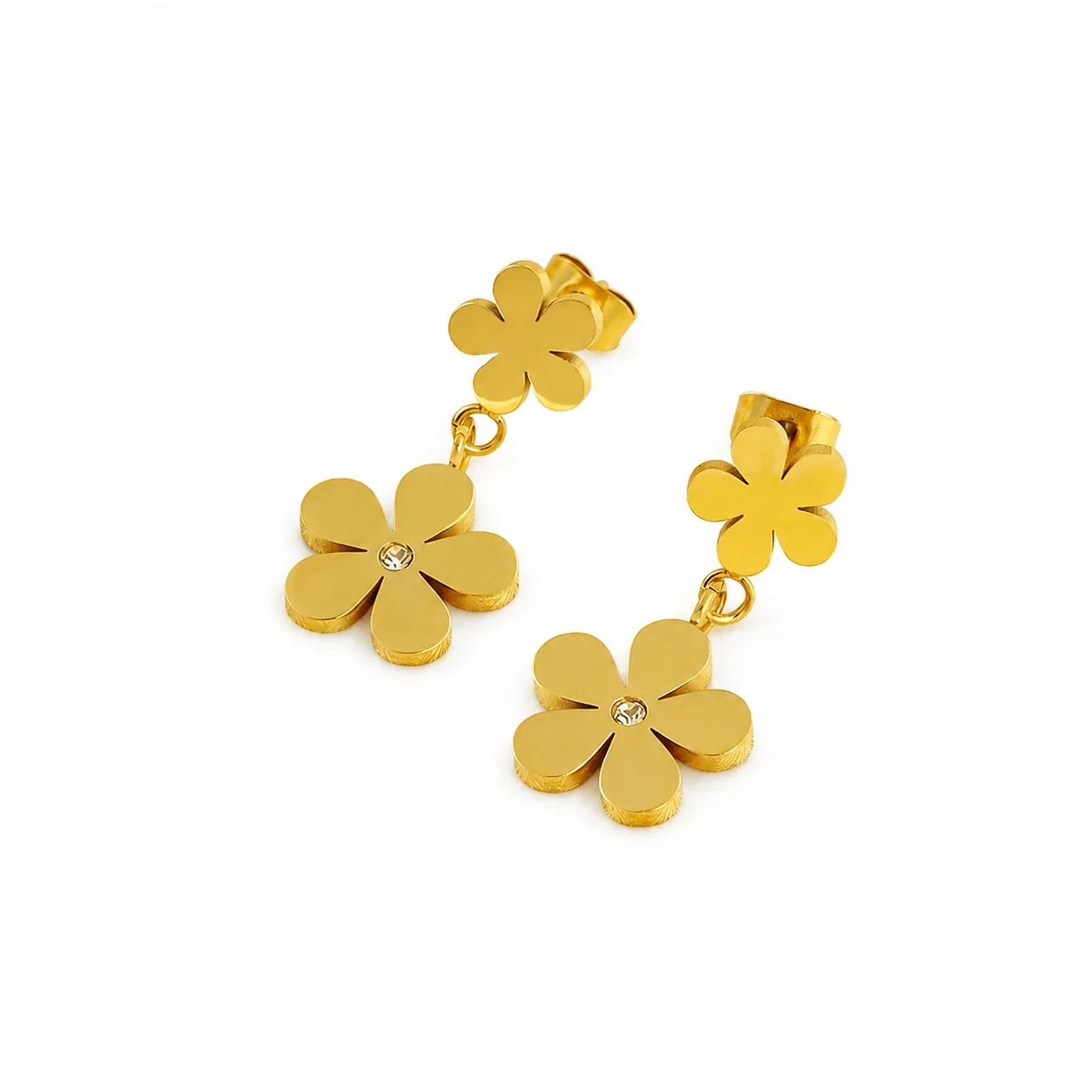 Playful Gold-Plated Stainless Steel Double Flower Drop Earrings