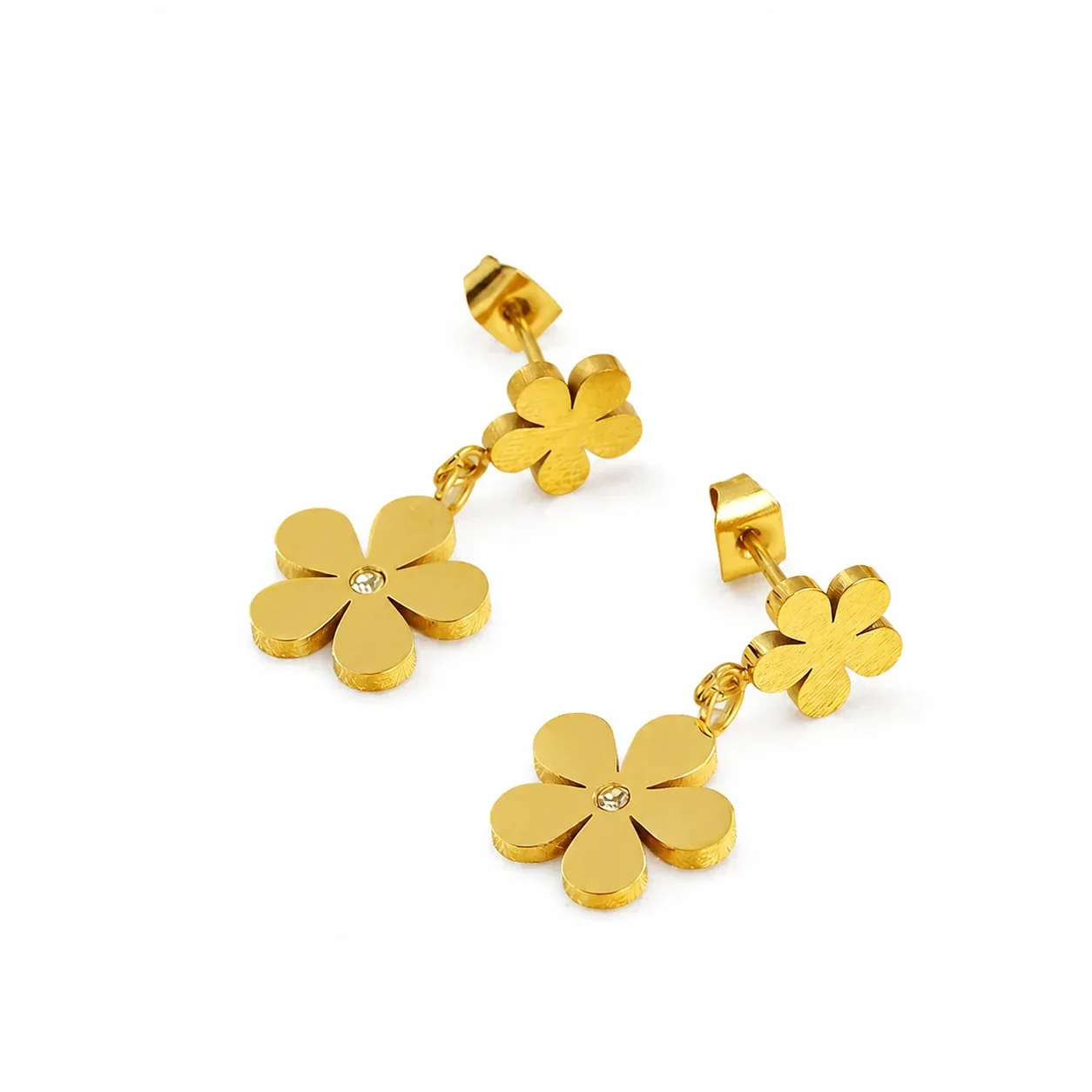 Playful Gold-Plated Stainless Steel Double Flower Drop Earrings