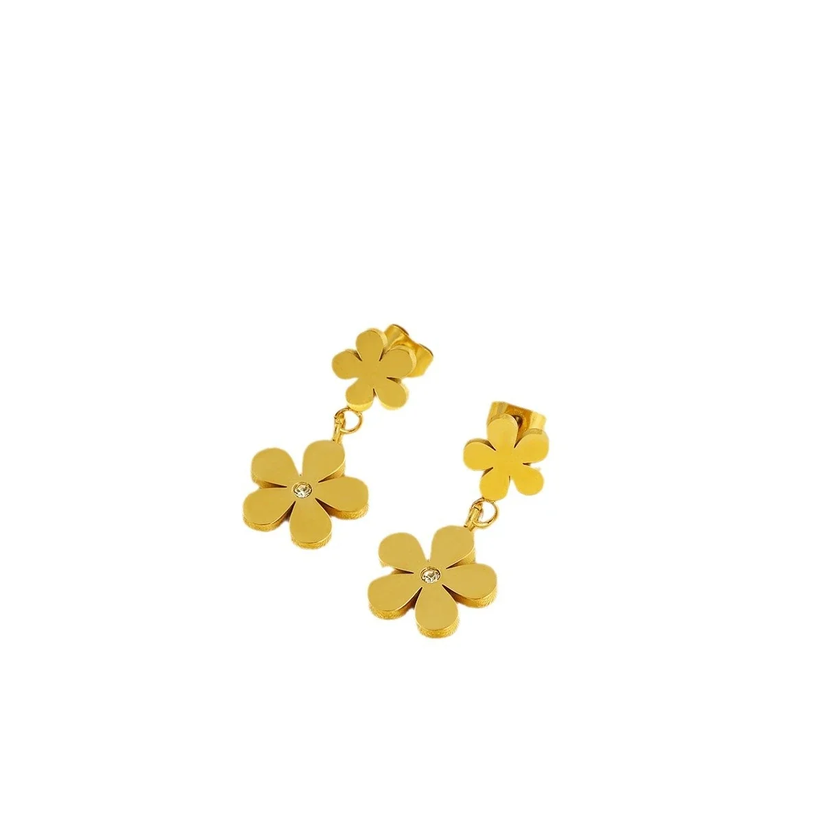 Playful Gold-Plated Stainless Steel Double Flower Drop Earrings