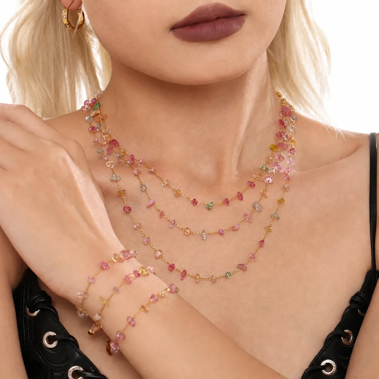 Playful Gold-Plated Stainless Steel Crystal Chip Jewelry Set