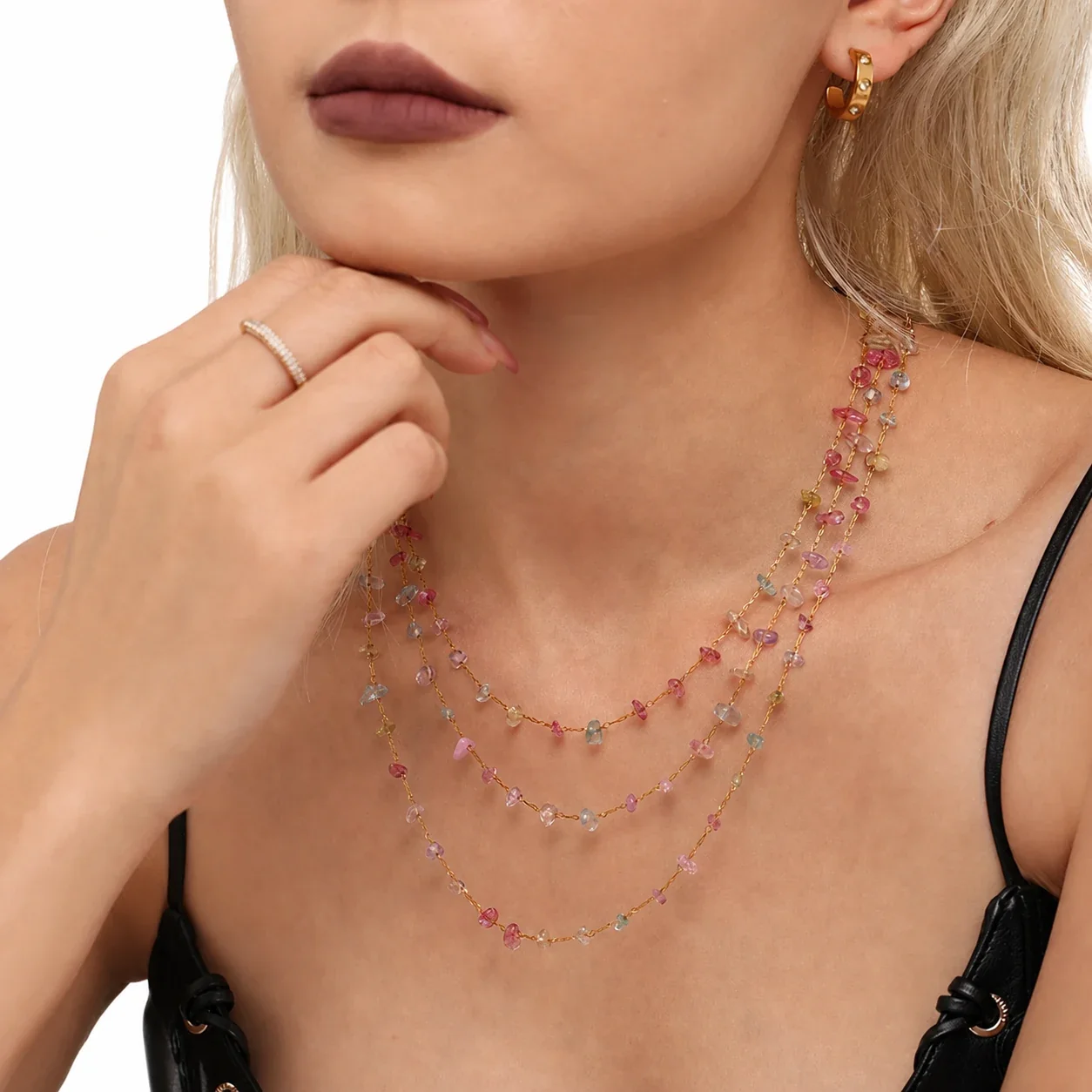 Playful Gold-Plated Stainless Steel Crystal Chip Jewelry Set