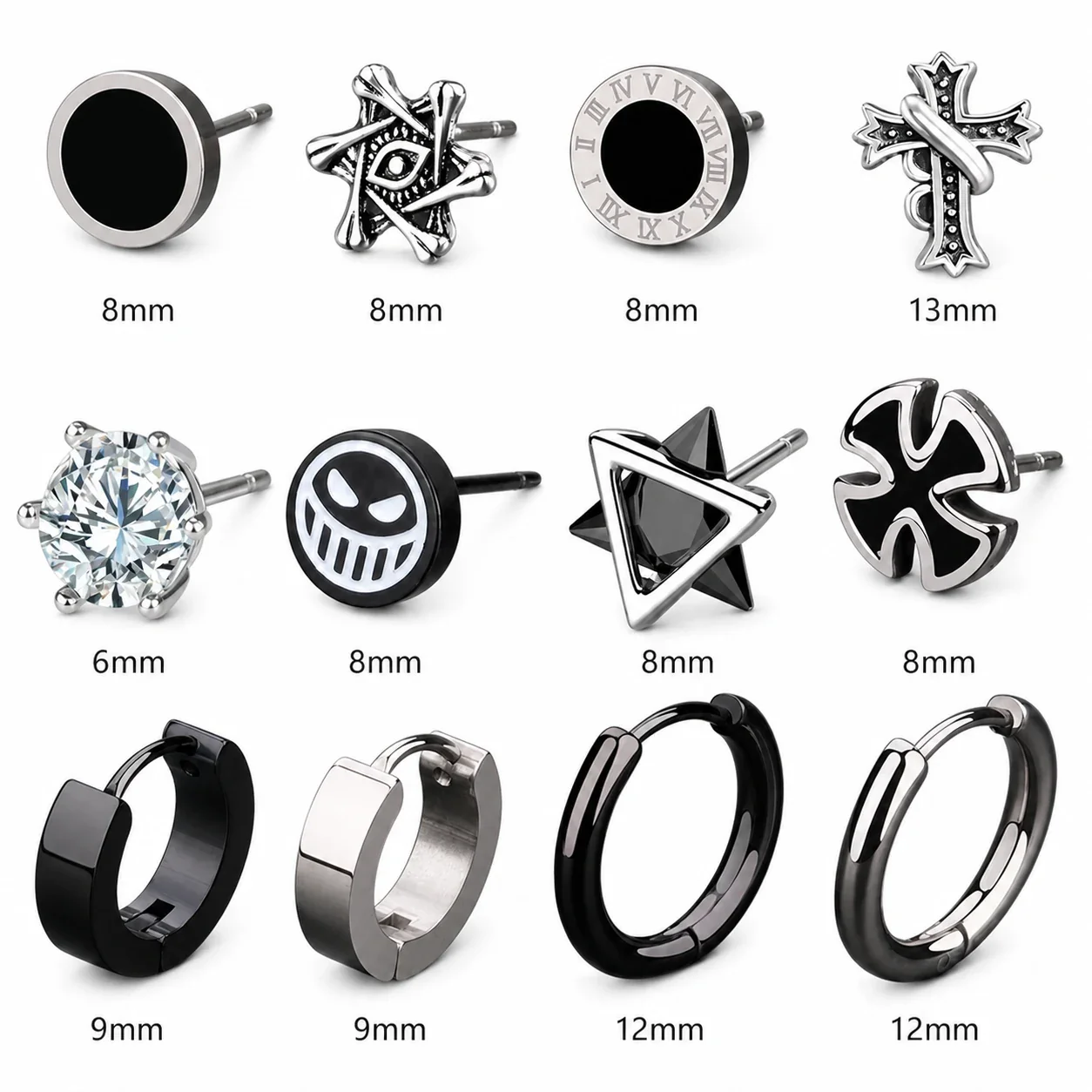 Edgy Stainless Steel Graphic Stud & Hoop Earrings Set