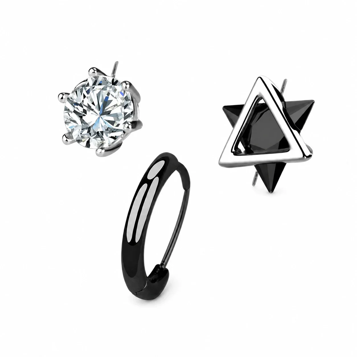 Edgy Stainless Steel Graphic Stud & Hoop Earrings Set
