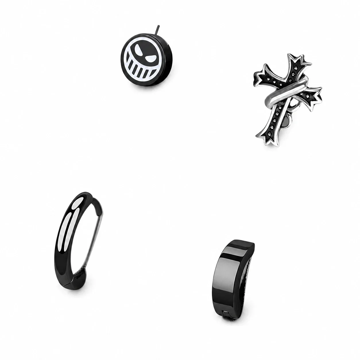 Edgy Stainless Steel Graphic Stud & Hoop Earrings Set