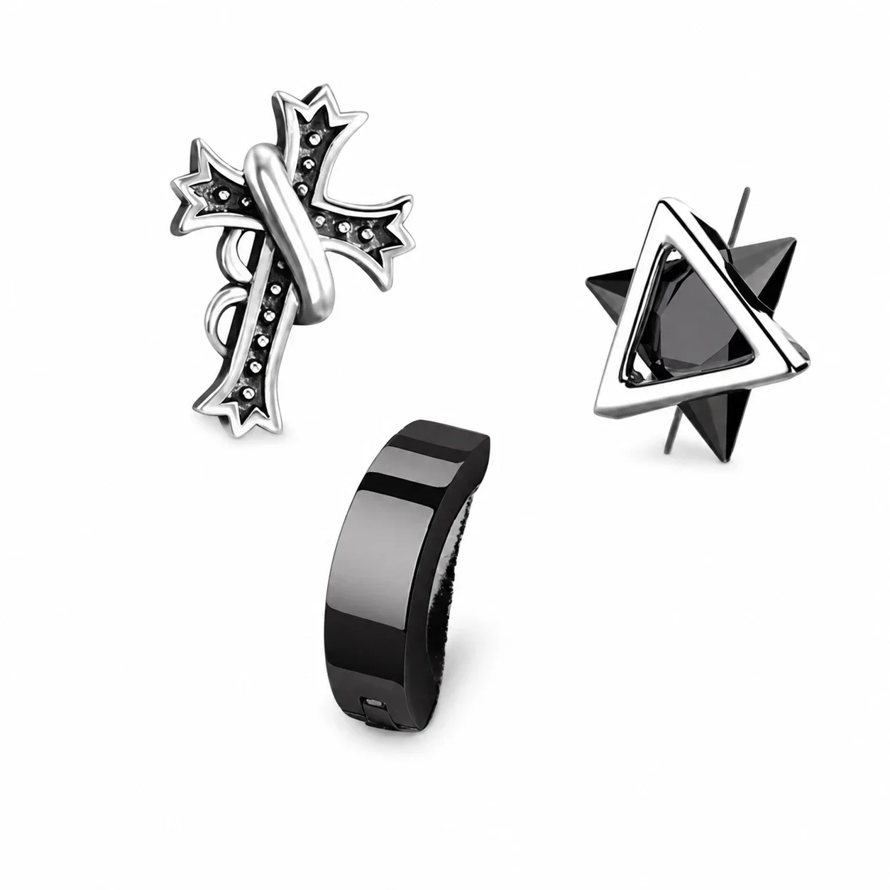Edgy Stainless Steel Graphic Stud & Hoop Earrings Set - Black Silver -Piece DGJ