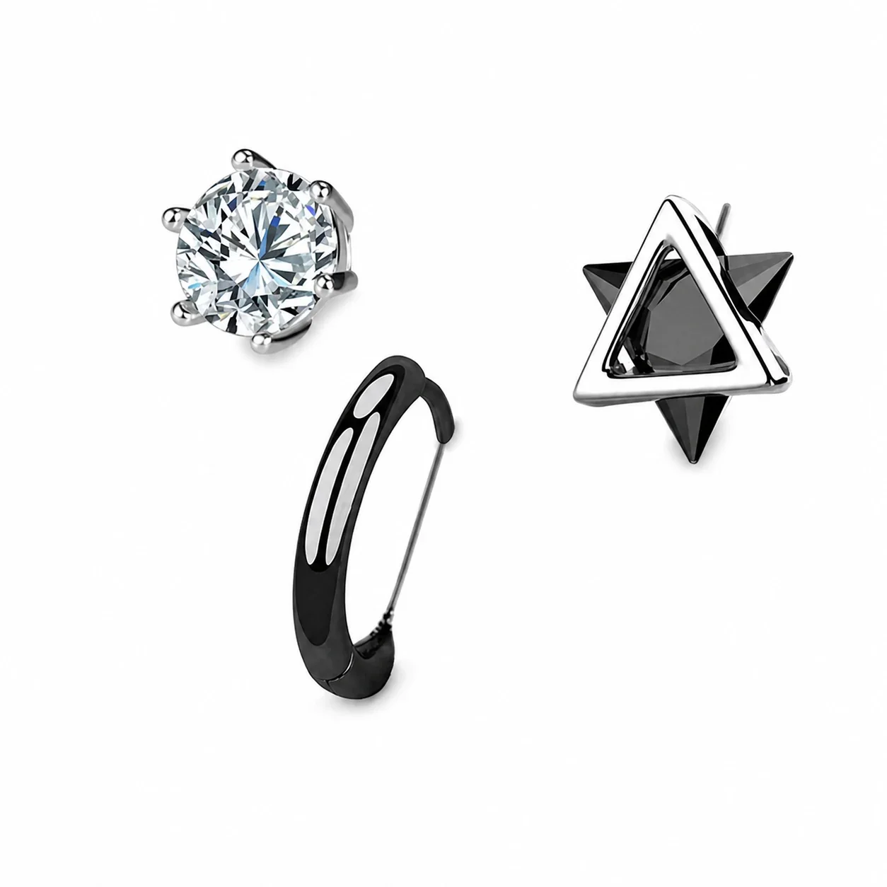 Edgy Stainless Steel Graphic Stud & Hoop Earrings Set - Black Silver -Piece EGL