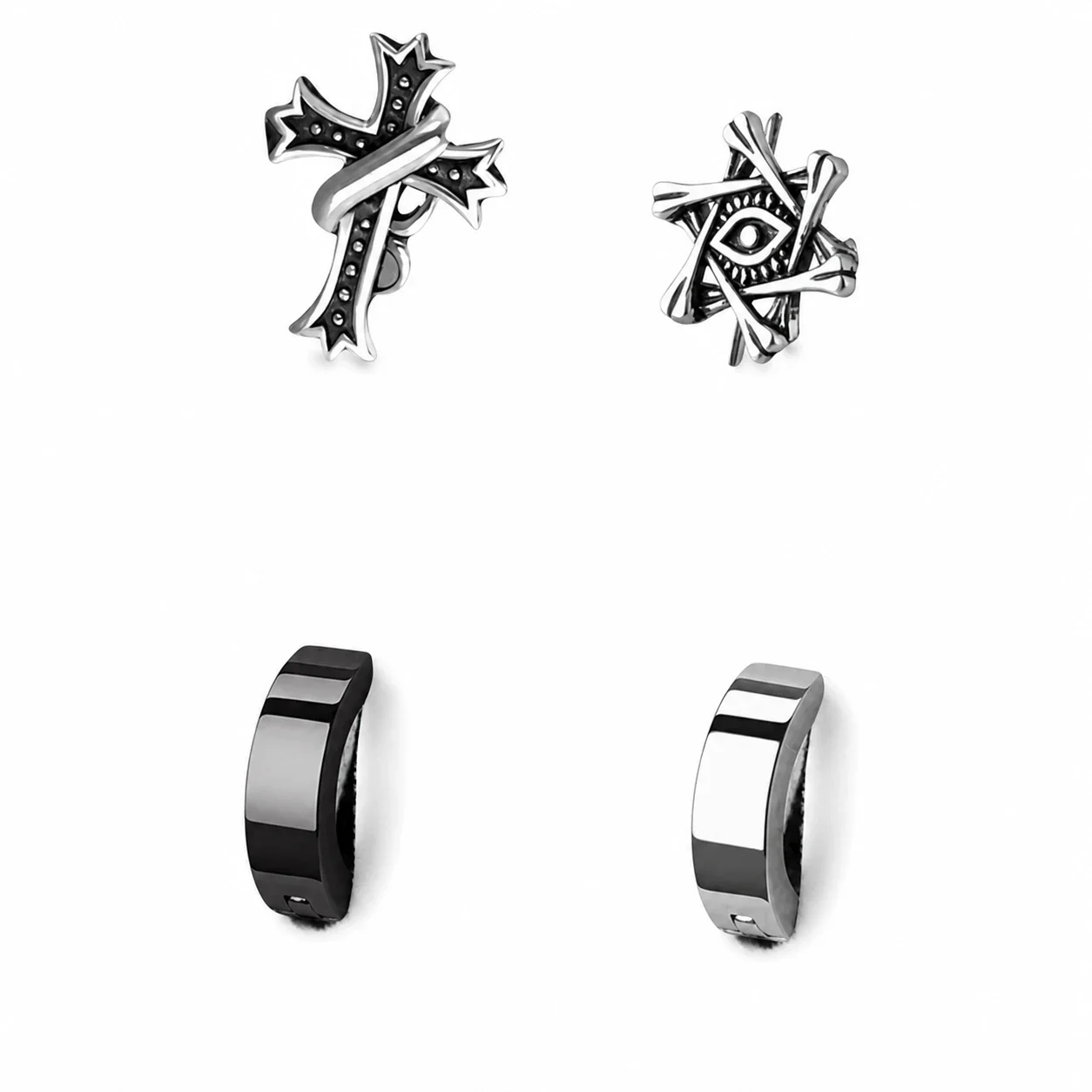 Edgy Stainless Steel Graphic Stud & Hoop Earrings Set - Black Silver -Piece BDJK