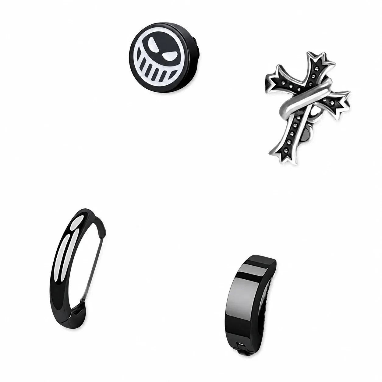 Edgy Stainless Steel Graphic Stud & Hoop Earrings Set - Black Silver -Piece DFJL