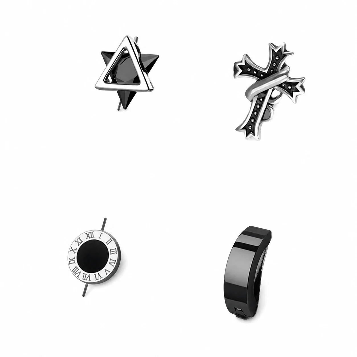Edgy Stainless Steel Graphic Stud & Hoop Earrings Set - Black Silver -Piece CDGJ