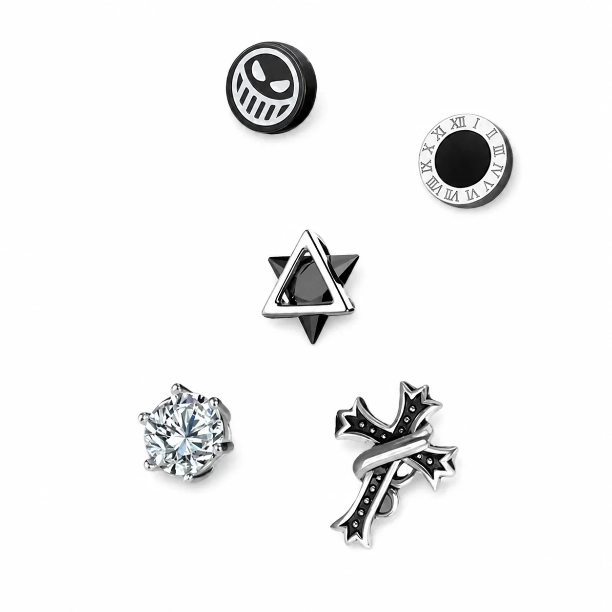 Edgy Stainless Steel Graphic Stud & Hoop Earrings Set - Black Silver -Piece CDEFG