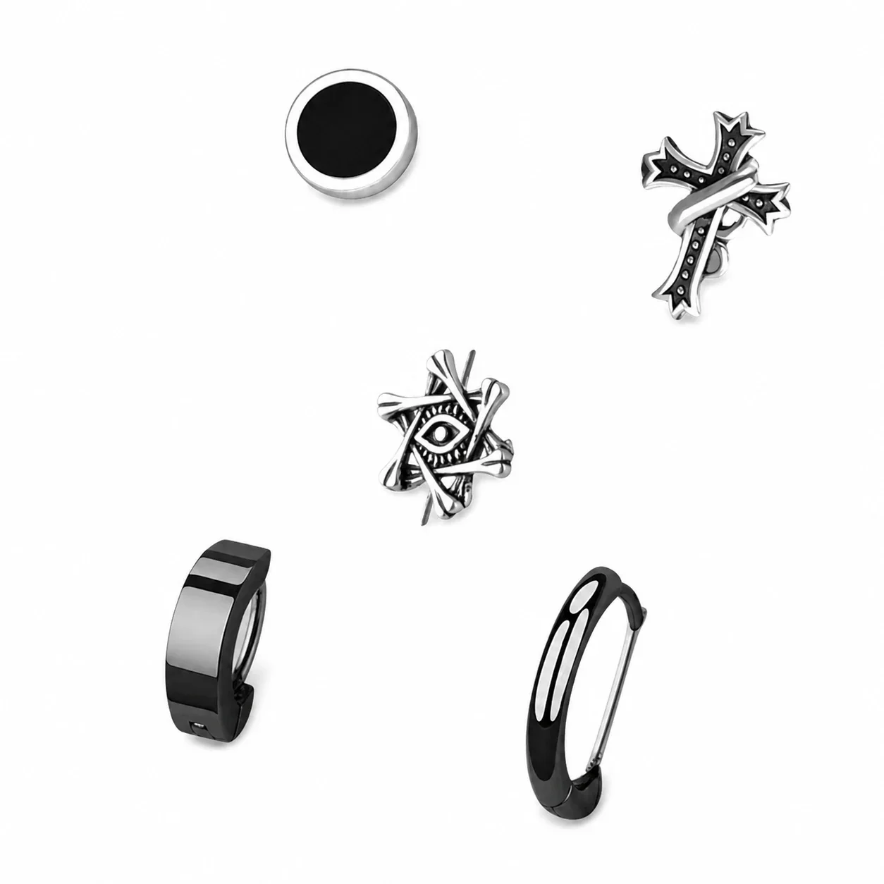Edgy Stainless Steel Graphic Stud & Hoop Earrings Set - Black Silver -Piece ABDJL
