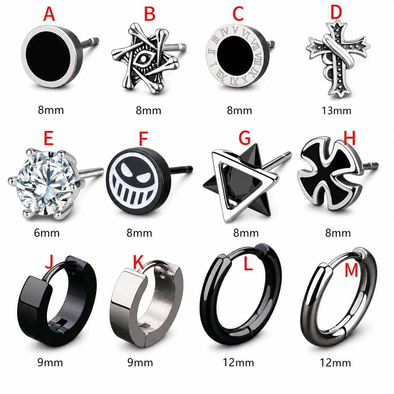 Edgy Stainless Steel Graphic Stud & Hoop Earrings Set - Black Silver Full -Piece