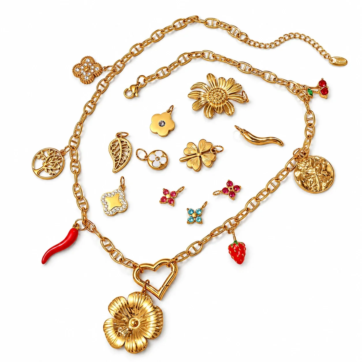 Pendant Charms Floral Fruit and Chili Gold-Plated Steel