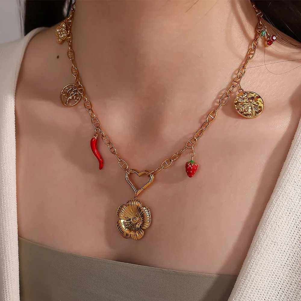 Pendant Charms Floral Fruit and Chili Gold-Plated Steel