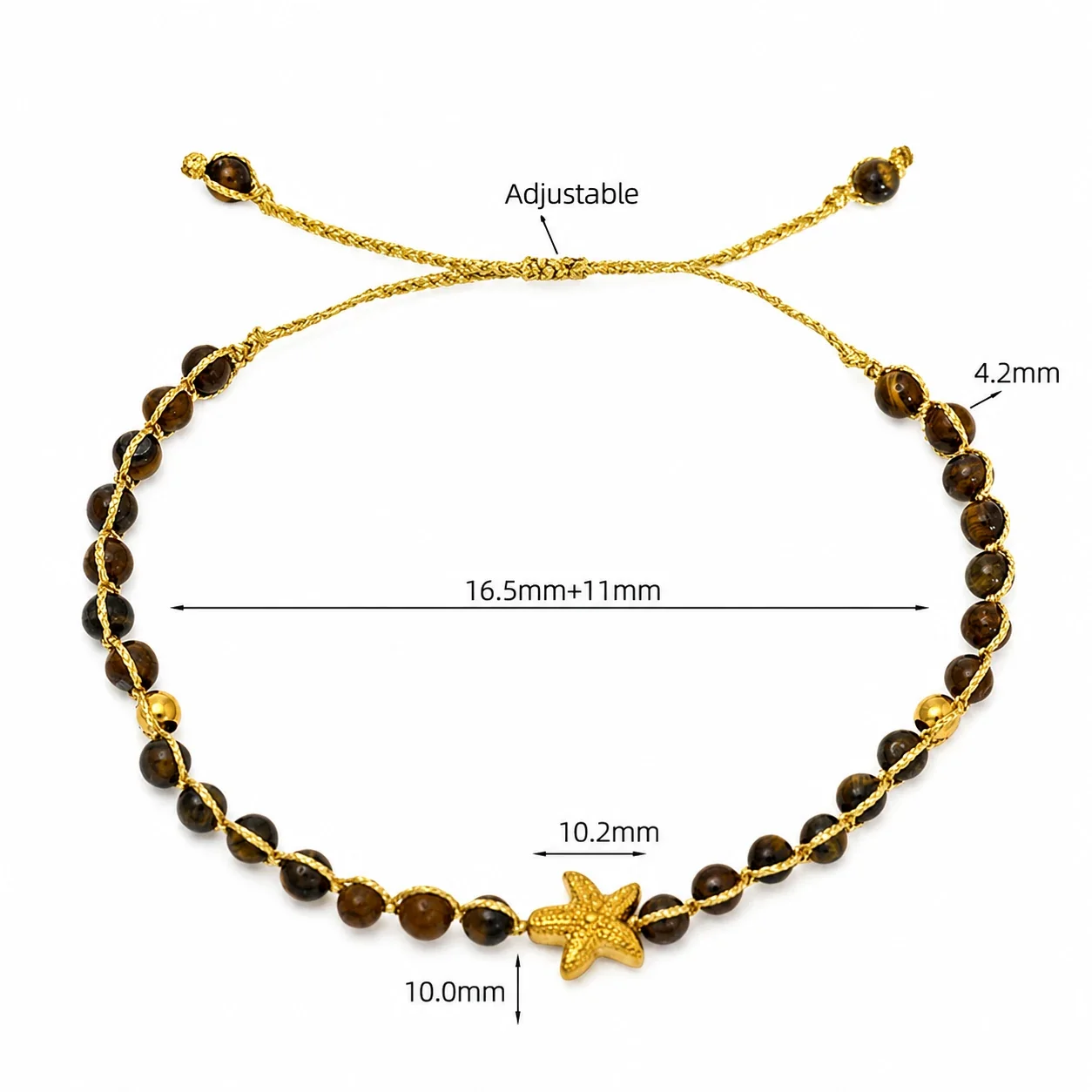 Coastal Starfish 316 Stainless Steel Round Bead Bracelet - Tiger Eye