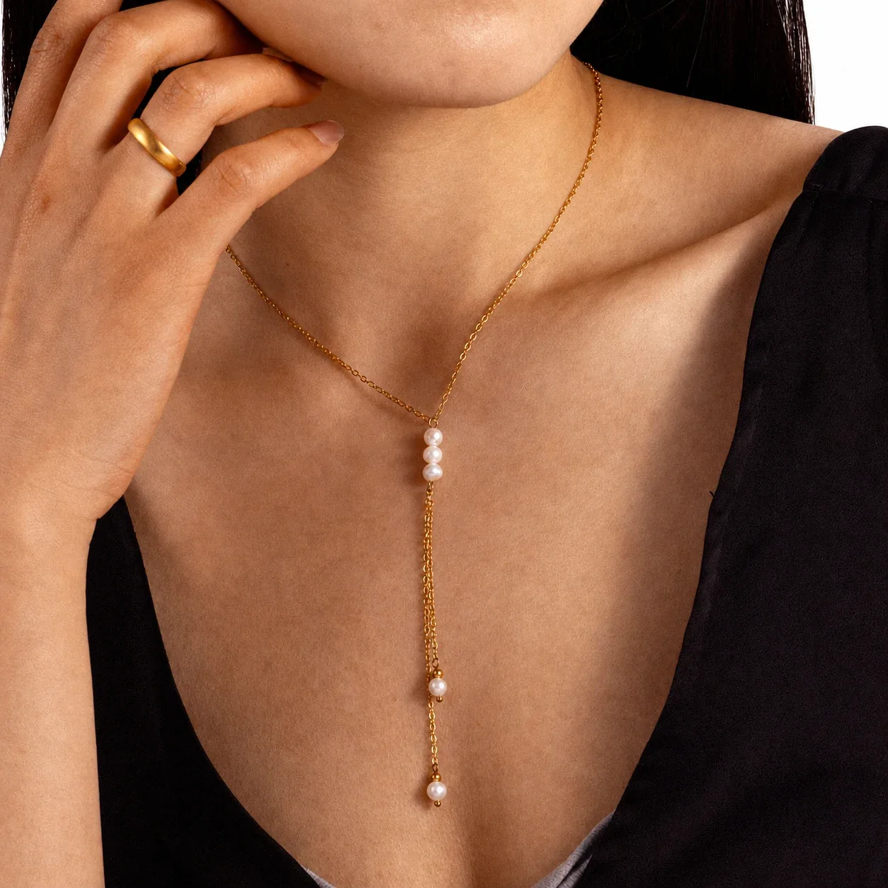 Delicate 316 Gold Pearl Lariat Necklace
