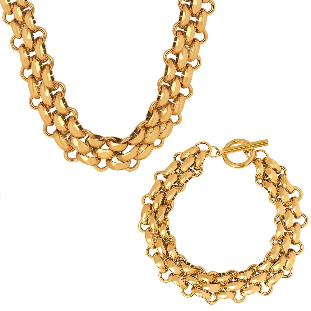 Bold Gold PVD Stainless Steel Curb Toggle Jewelry Set