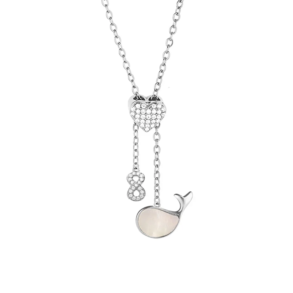 Playful Stainless Steel CZ Charm Pendant Necklace - Silver Whale