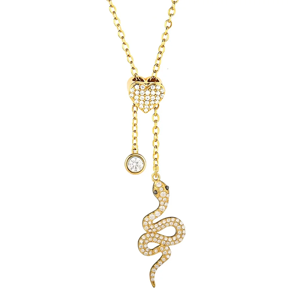 Playful Stainless Steel CZ Charm Pendant Necklace - Gold Snake