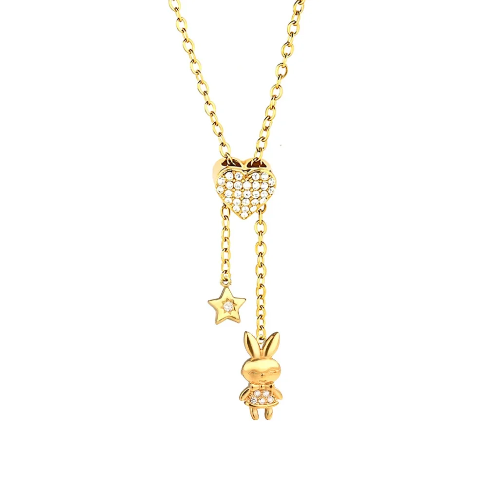 Playful Stainless Steel CZ Charm Pendant Necklace - Gold Rabbit