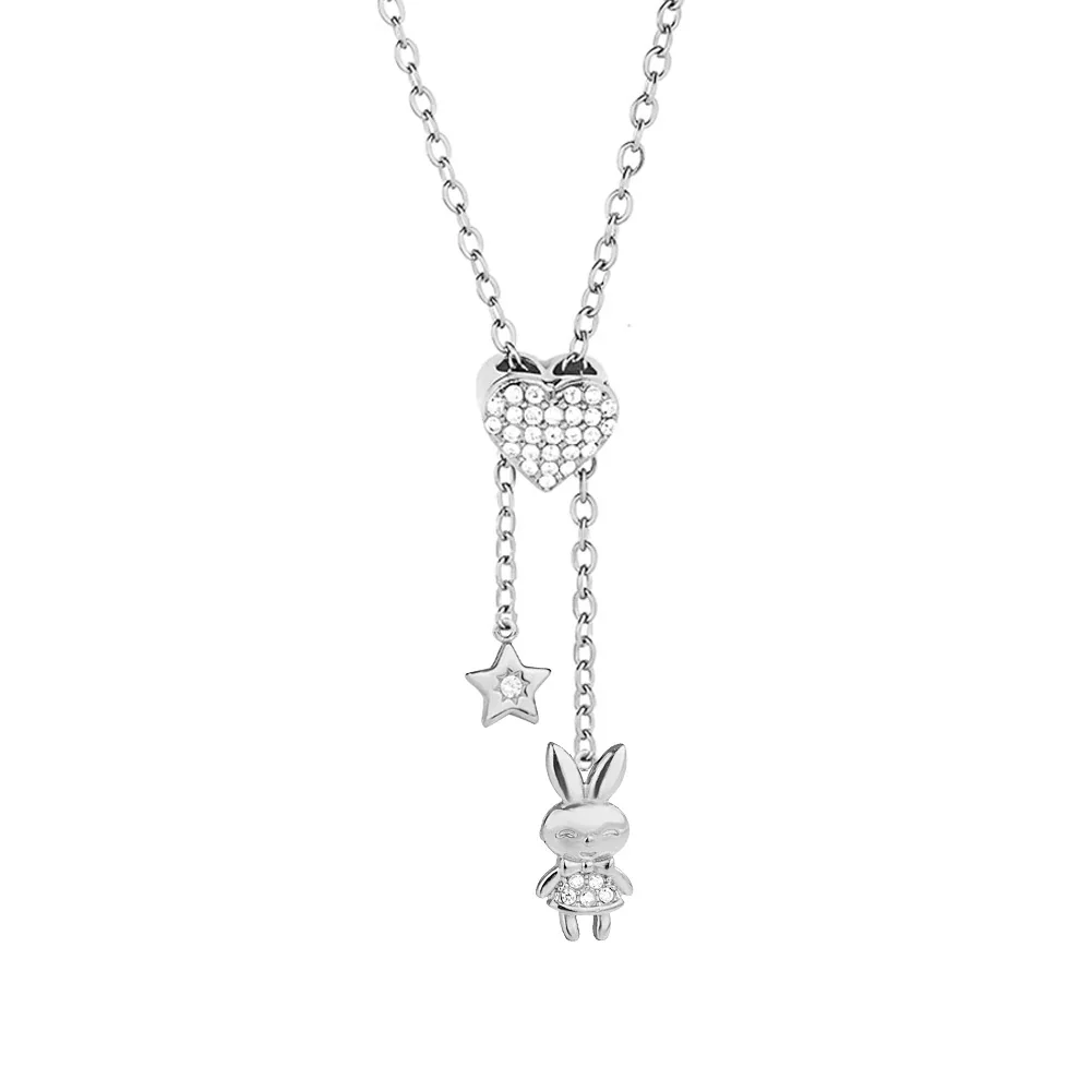 Playful Stainless Steel CZ Charm Pendant Necklace - Silver Rabbit