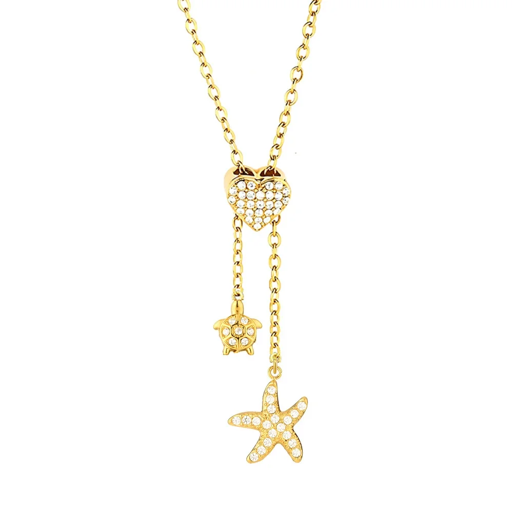 Playful Stainless Steel CZ Charm Pendant Necklace - Silver Starfish B