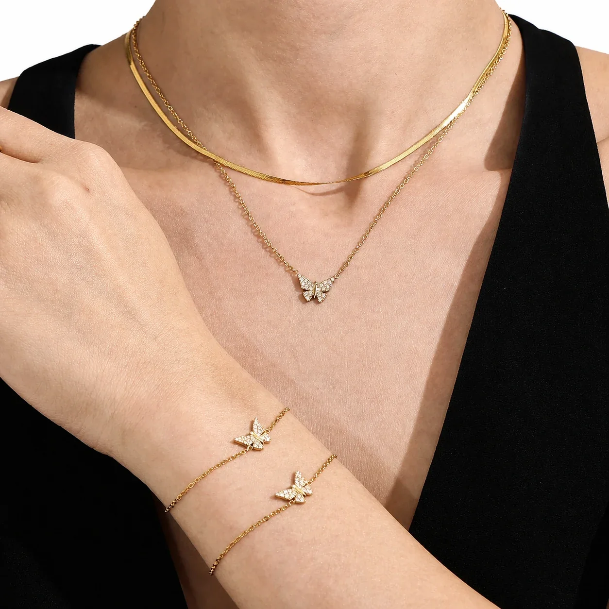 Dainty Gold-Plated 316 Butterfly Pavé Jewelry Set
