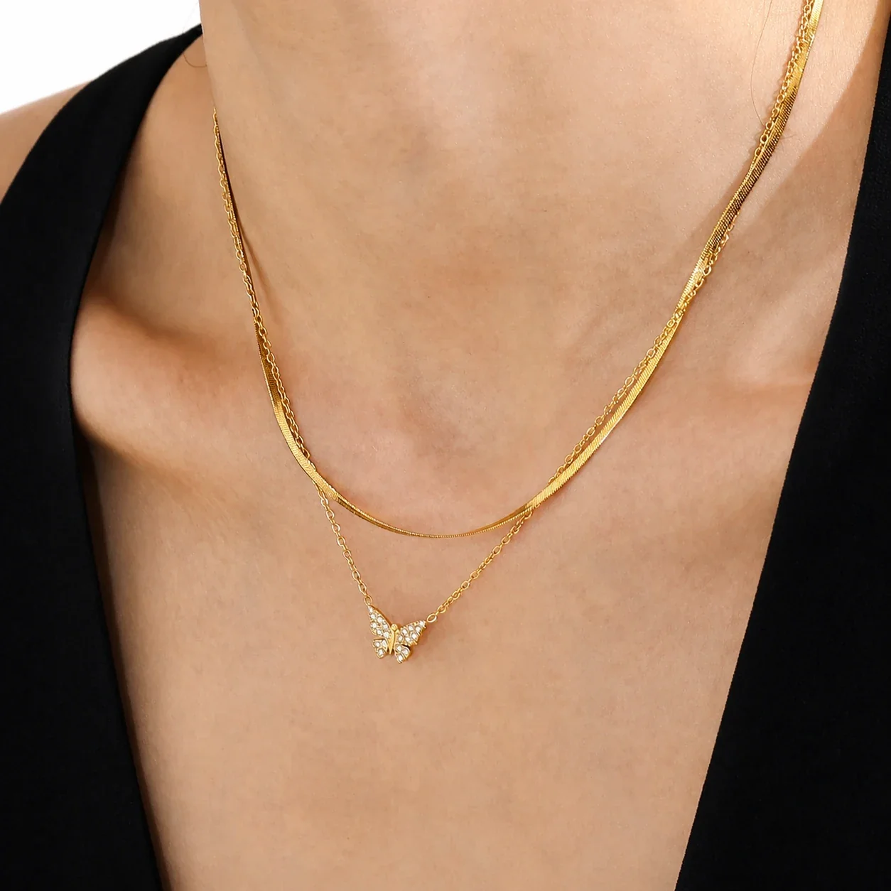 Dainty Gold-Plated 316 Butterfly Pavé Jewelry Set