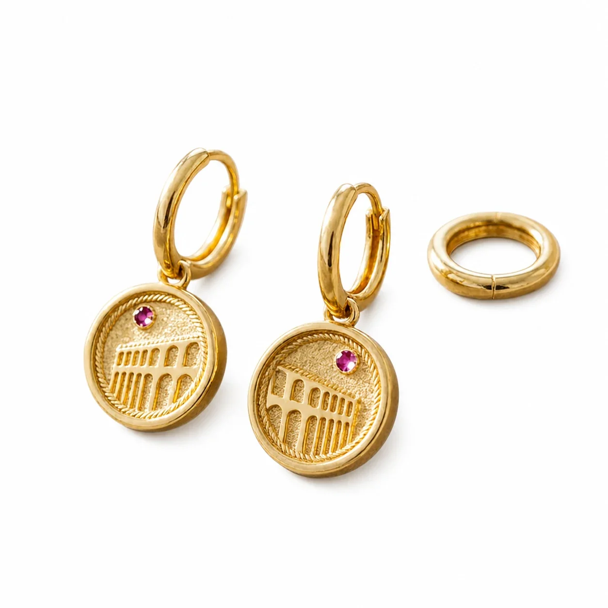 Coin Medallion 18K Gold-Plated Round Huggie Hoop Earrings
