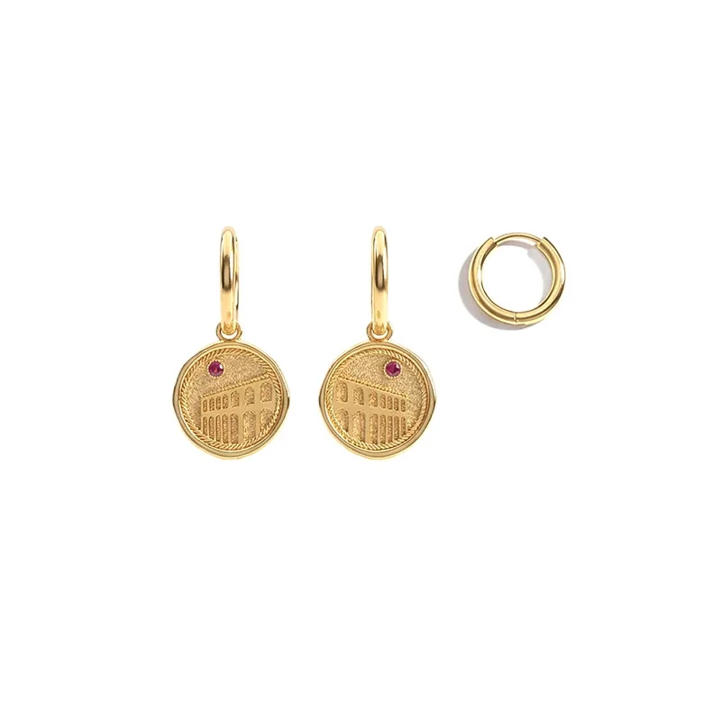 Coin Medallion 18K Gold-Plated Round Huggie Hoop Earrings