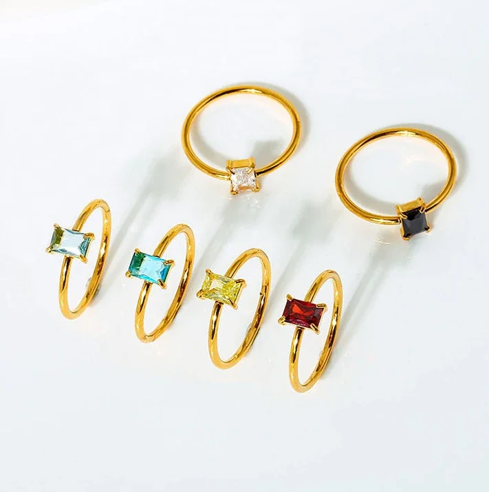 Ring with Rectangular Prong-Set CZ 316 Stainless Steel Gold PVD