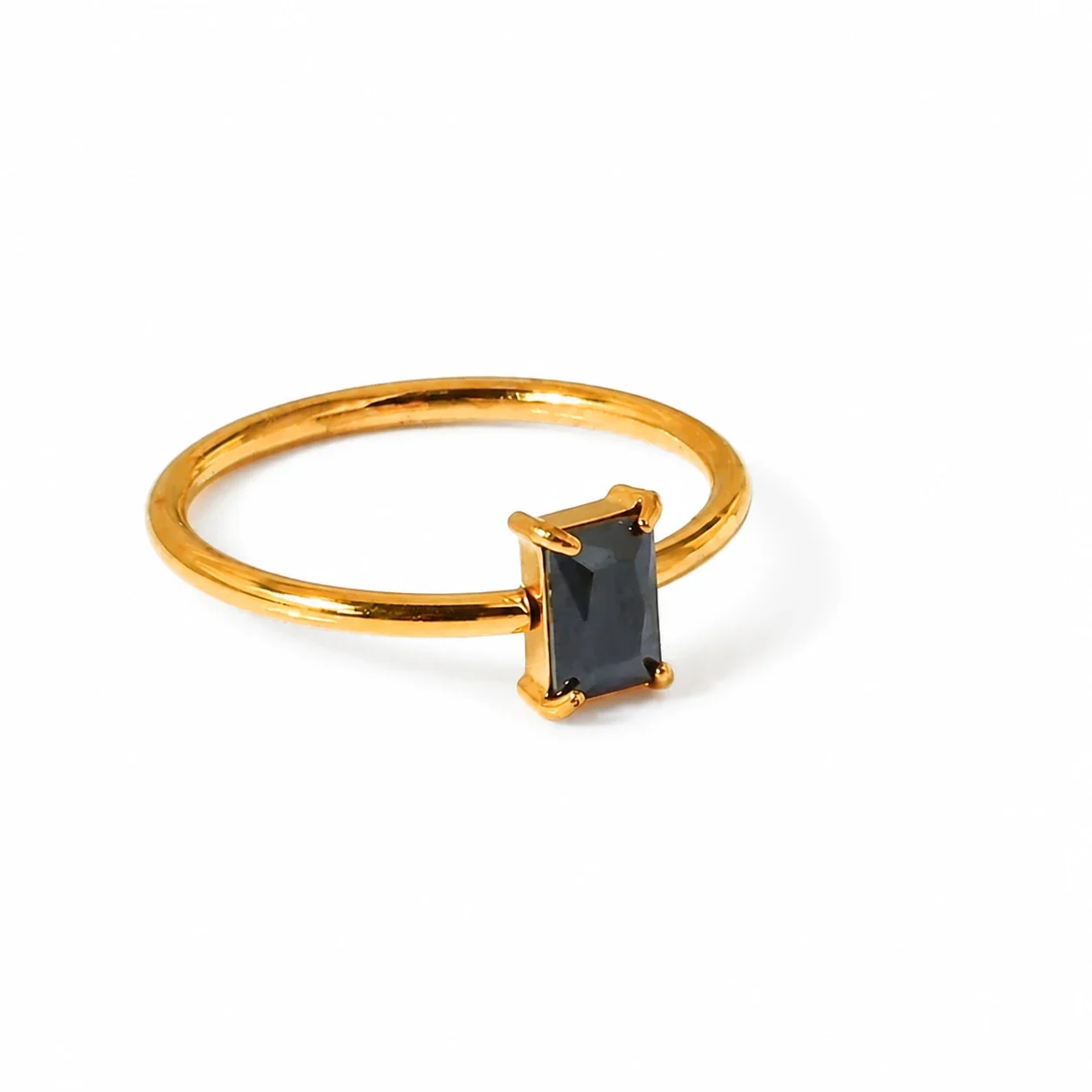 Ring with Rectangular Prong-Set CZ 316 Stainless Steel Gold PVD - Gold Black CZ
