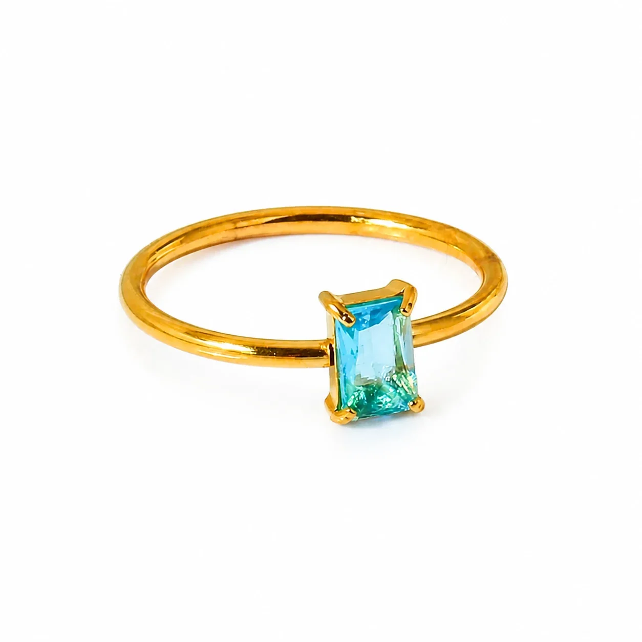 Ring with Rectangular Prong-Set CZ 316 Stainless Steel Gold PVD - Gold Light Blue CZ