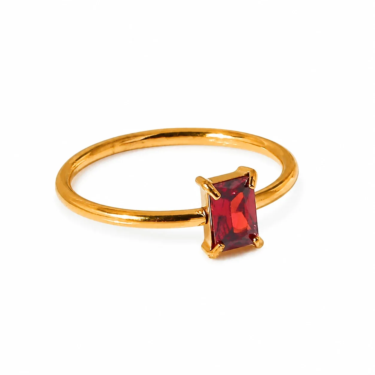 Ring with Rectangular Prong-Set CZ 316 Stainless Steel Gold PVD - Gold Red CZ