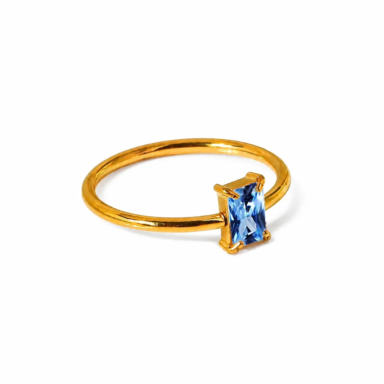 Ring with Rectangular Prong-Set CZ 316 Stainless Steel Gold PVD - Gold Aqua Blue CZ