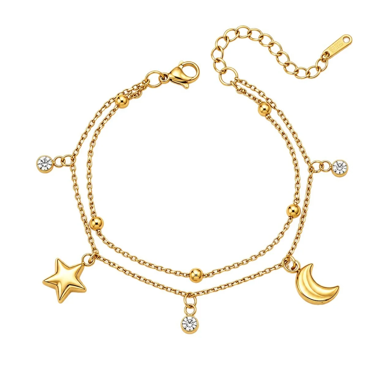 Pulsera de charms de doble cadena con estrella y luna creciente en acero inoxidable