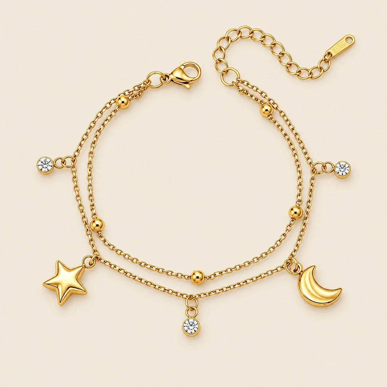 Star & Crescent Double-Layer Charm Bracelet in Stainless Steel