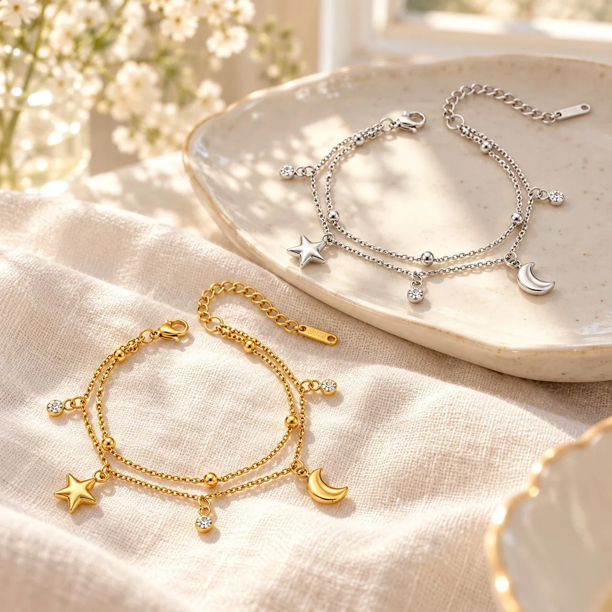 Star & Crescent Double-Layer Charm Bracelet in Stainless Steel