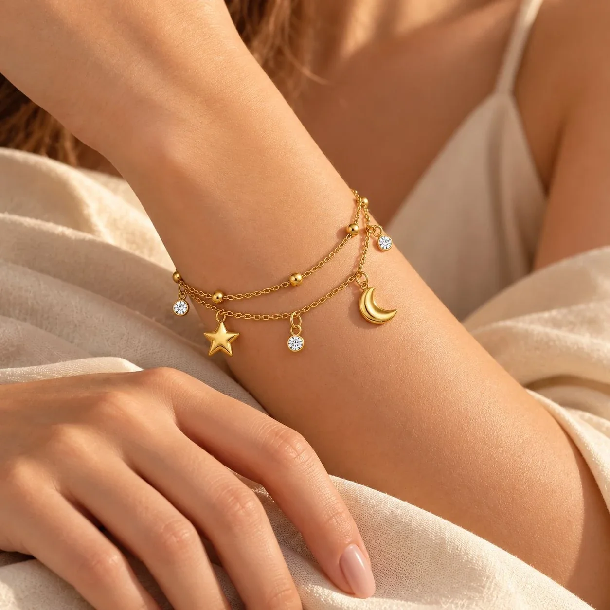 Star & Crescent Double-Layer Charm Bracelet in Stainless Steel