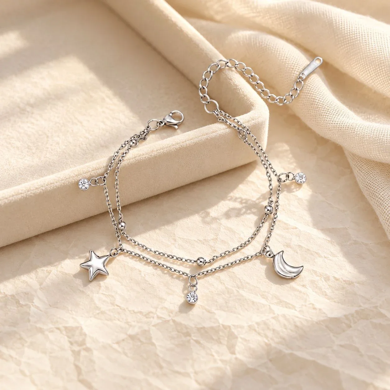 Star & Crescent Double-Layer Charm Bracelet in Stainless Steel
