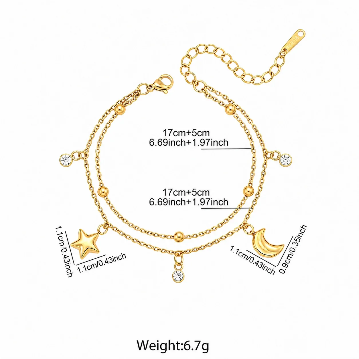 Star & Crescent Double-Layer Charm Bracelet in Stainless Steel - Gold