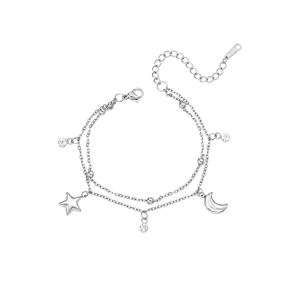 Star & Crescent Double-Layer Charm Bracelet in Stainless Steel - Silver