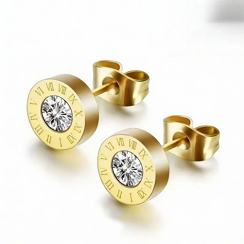Polished Stainless Steel Roman Numeral CZ Stud Earrings