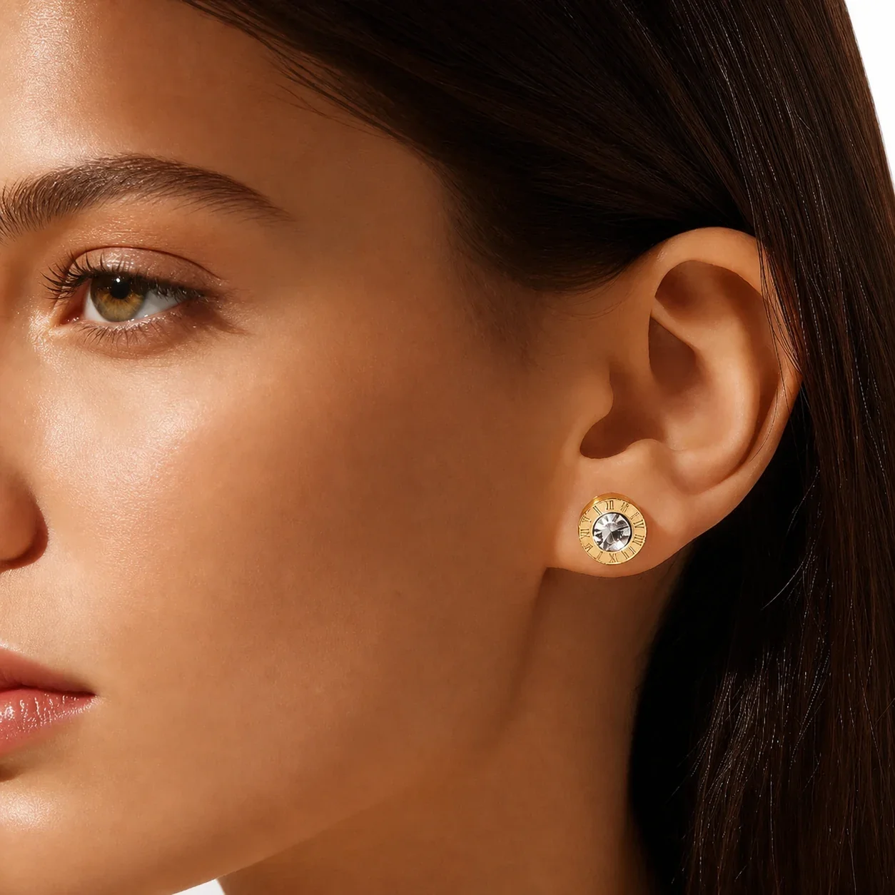 Polished Stainless Steel Roman Numeral CZ Stud Earrings